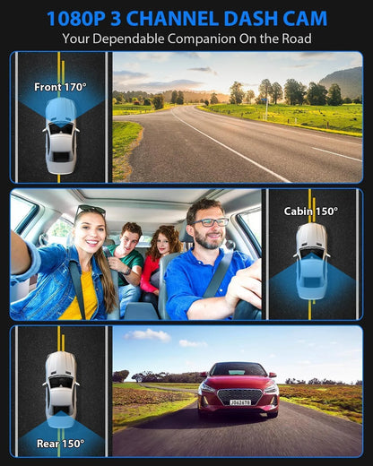 Dash Cam Front and Rear, 1080P Dash Camera for Cars, 3 Channel Car Camera Front Rear and inside with 32GB Card, Loop Recording, Night Vision, HDR, 24Hr Parking, G-Sensor